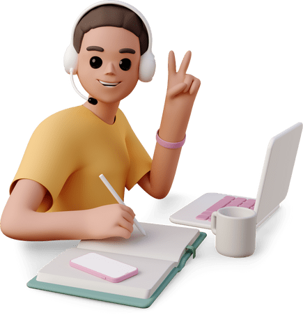 casual-life-3d-young-woman-in-headset-taking-notes-in-front-of-laptop-and-showing-v-sign